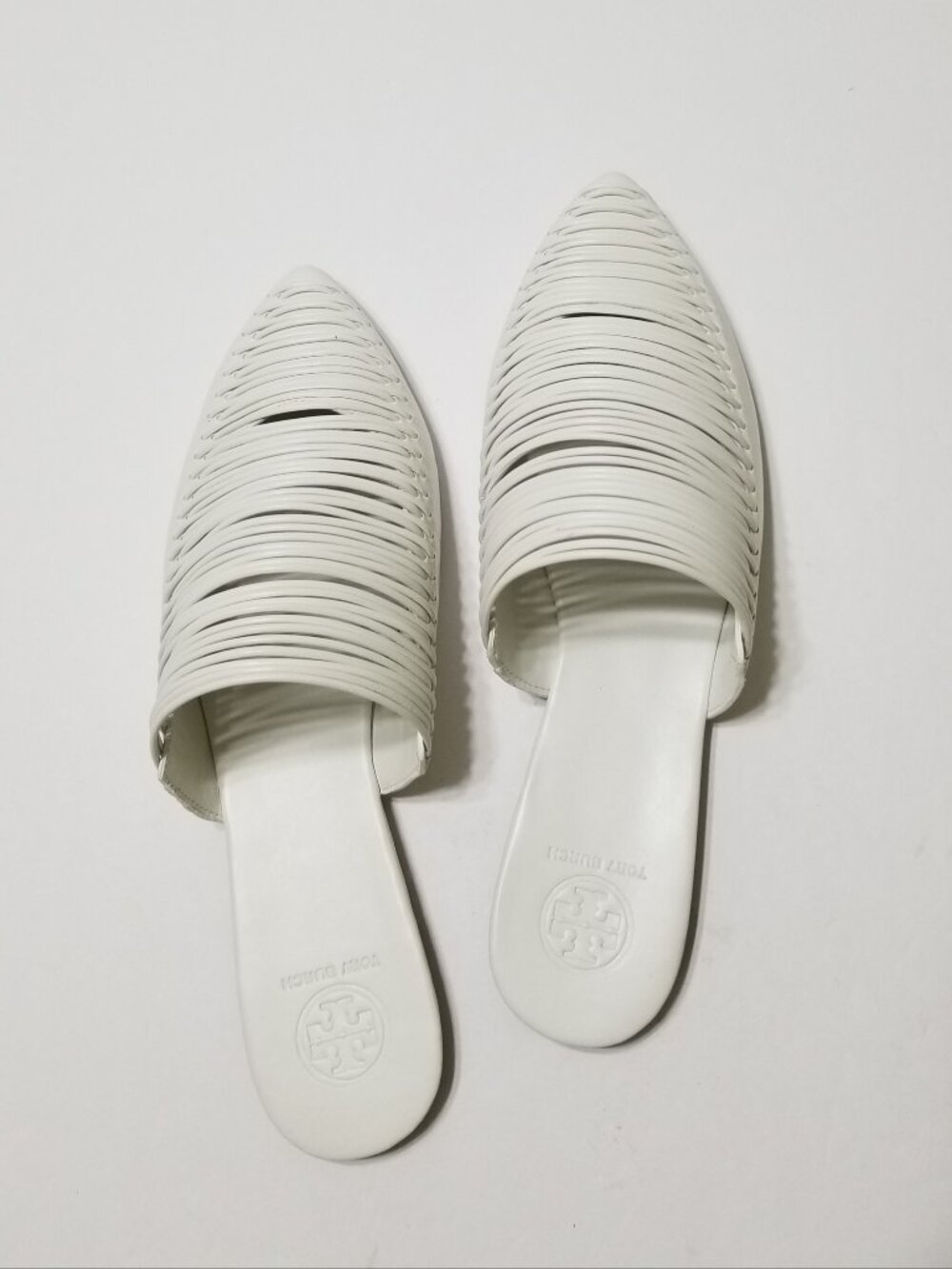 ✨NIB Tory Burch Sienna White Woven Leather Pointed Mules Flat Slides $298 - Picture 9 of 16